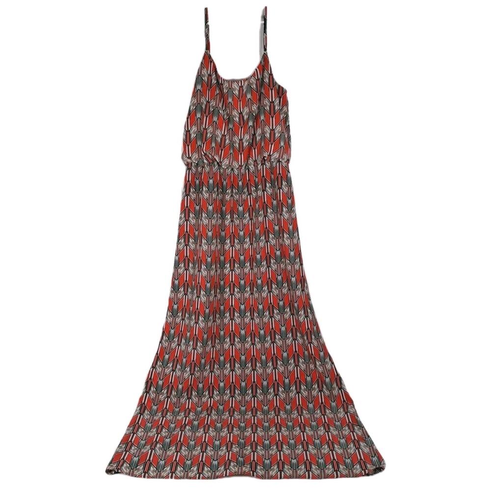 A Byer Sleeveless Maxi Dress Womens M Tribal Printed Satin Elastic Waist Wedding